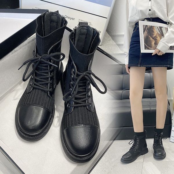 

shoes woman leather stitching knitting boots genuine lace up ankle boots woman round toe flat winter socks, Black