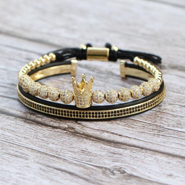 

charm bracelets 2pcs/set fashion crown bracelet men women classic vintage 6mm ball beads weave for couple bangle male jewelry, Golden;silver