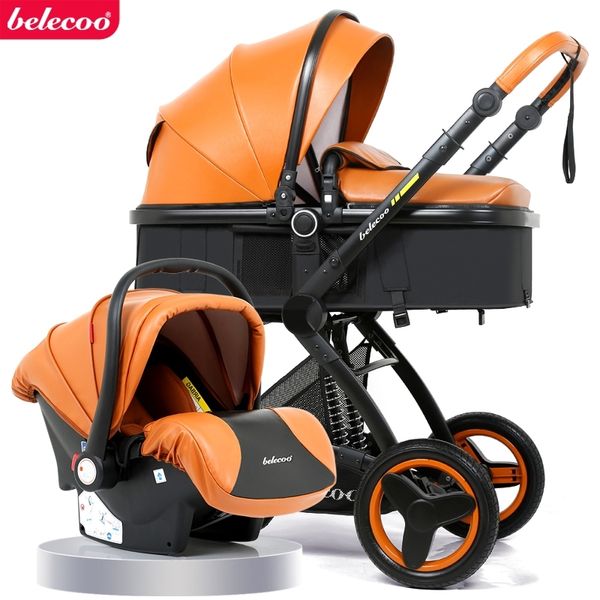 

Belecoo high landscape basket can sit lying folding 3in1 leather baby stroller with car seat gift