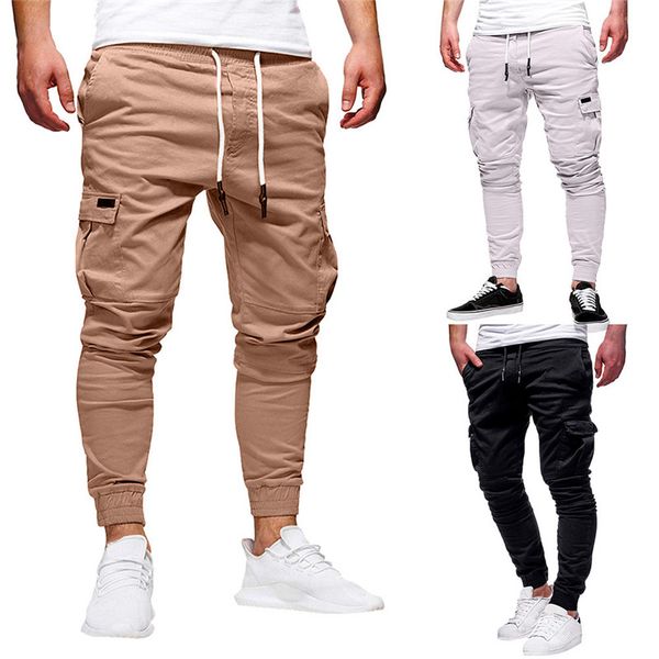 

casual joggers pants solid color men cotton elastic long trousers pantalon homme cargo pants leggings fashion new 2020, Black