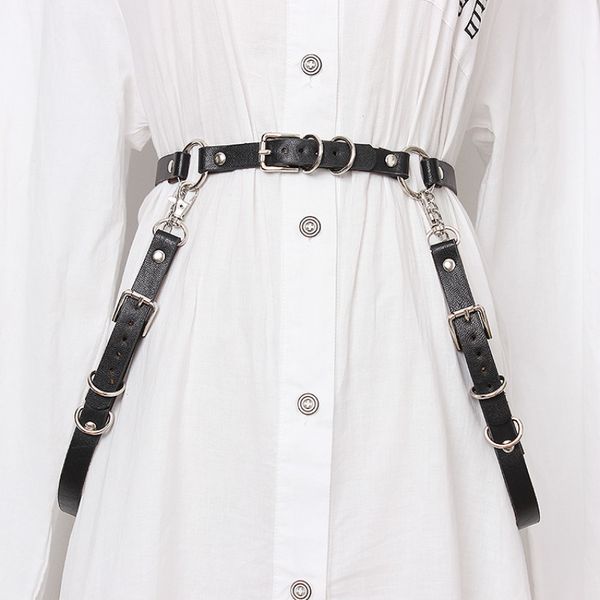 

gothic pu leather chain woman belts 2020 fashion buckle decoration cummerbund, Black;brown