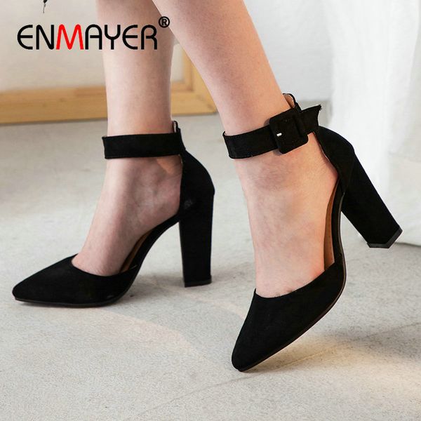 

enmayer basic flock wedding shoes woman buckle strap classics women sandals cover heel sewing luxury shoes women designers, Black