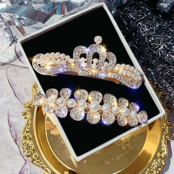 

hair clips & barrettes korea shiny crystal rhinestones hairpins geometric rectangle cown flower imitiation pearl accessories, Golden;silver