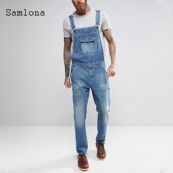 

samlona men's jeans casual denim overalls pantalons fashion 2020 european and american style strappy trousers mens garmenting, Blue