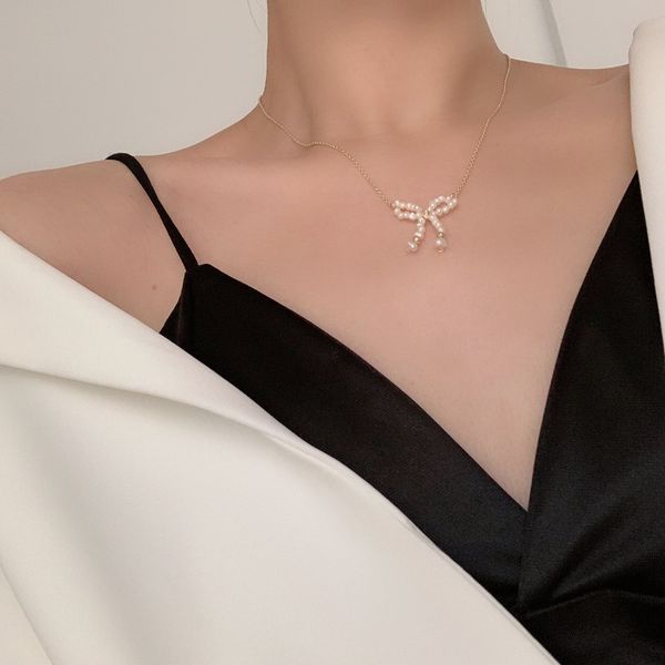 

chokers lifefontier korean fashion gold color choker necklaces natural pearls bowknot chain clavicle necklace jewelry 2021 collier femme, Golden;silver