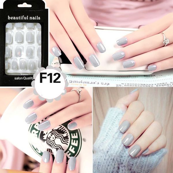 

fashion long full false nails kinds of color fake nails for party use with glue sticker bride's pure color nail contains no glue, Red;gold