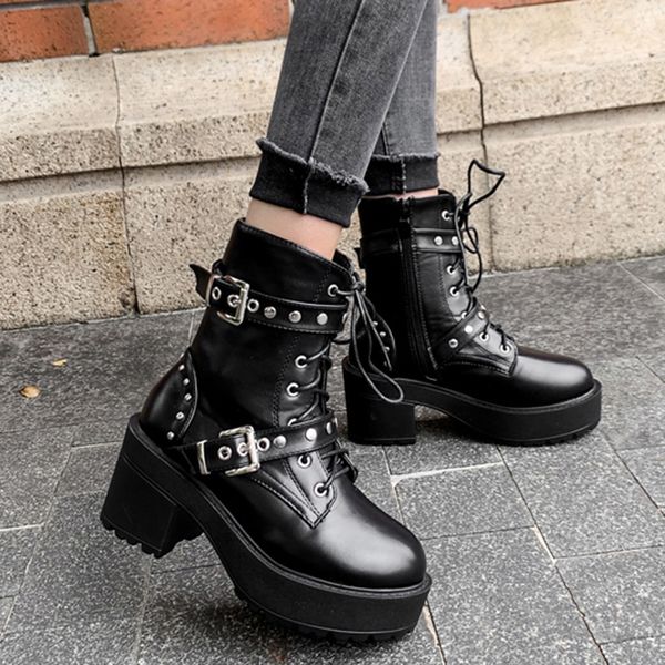 

boots punk style platform women ankle fashion rivet double buckle high heels shoes woman black leather motorcycle