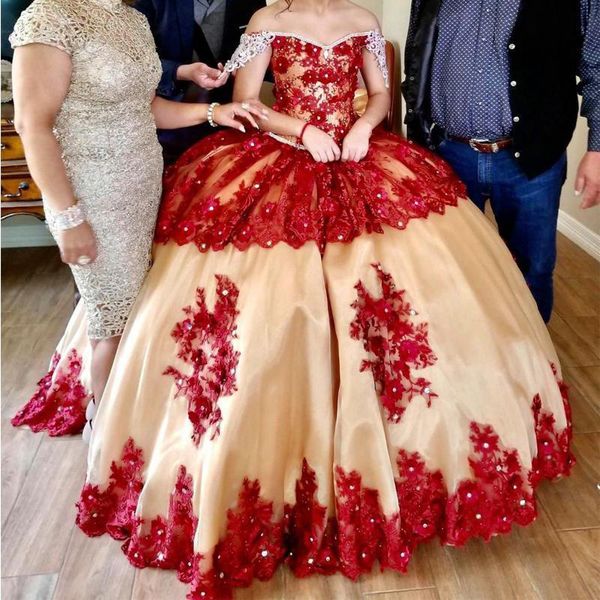 

red champagne ball gown quinceanera dresses off the shoulder appliques lace girls sweet 15 dress lace up back junior prom dress, Blue;red