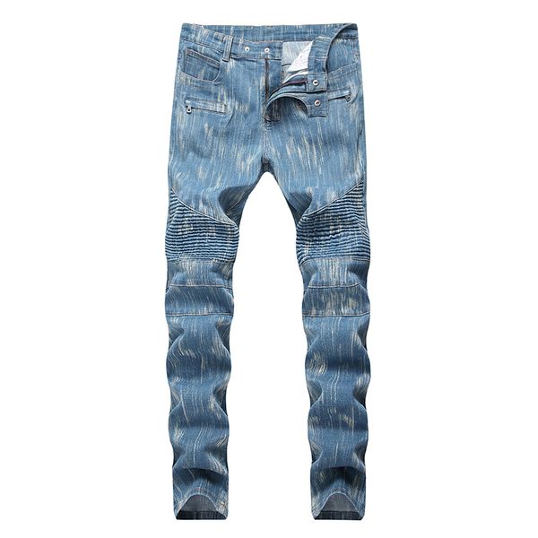 

men's jeans fashion folding motorcycle pants men trend micro-elastic small straight slim europe and america, Blue