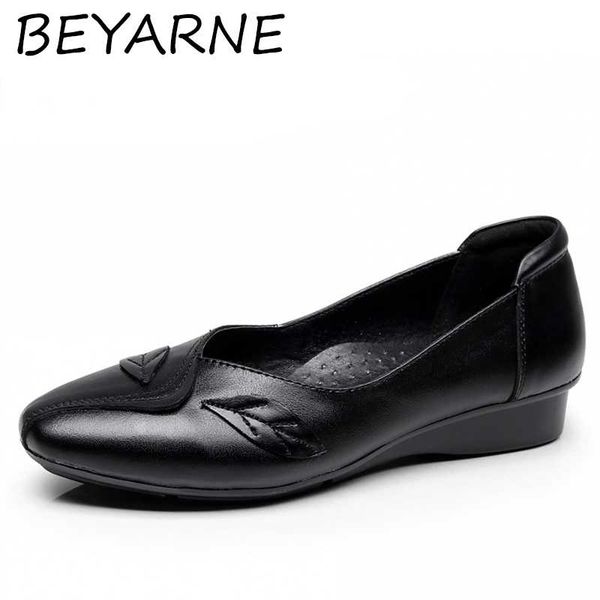 

beyarne spring fashion pointed toe flats women genuine leather leaves decoration low heel party shoes elegant ladies flats, Black