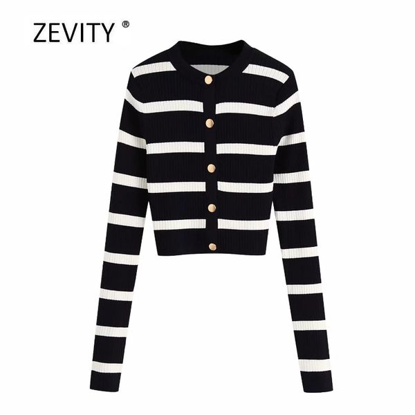

zevity new women striped breasted knitting casual slim sweater female basic o neck long sleeve sweater chic cardigan s314, White