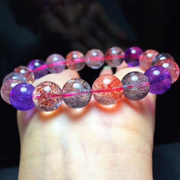 

natural super 7 seven lepidocrocite quartz rutilated melody stone man 11mm stretch beads bracelet gift certificate, Black