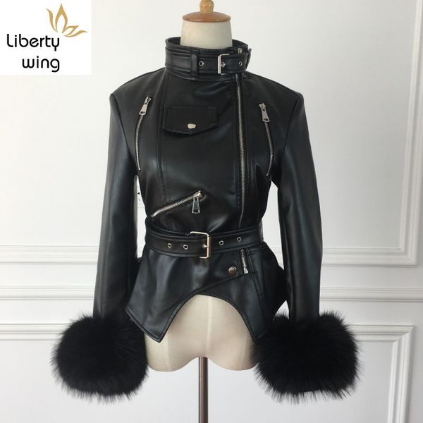 

winter thick fleece linning womens faux leather jackets asymmetrecal stand collar fake cuff sashes slim female short coats, Black