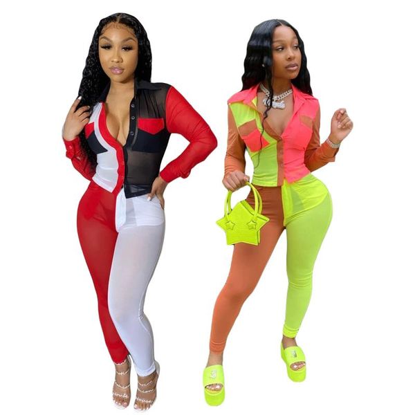

echoine sport mesh transparent women two piece set patchwork blouse pencil jogger sweatpants suit tracksuit matching set outfits, Gray