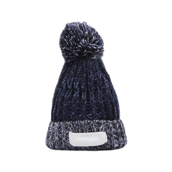 

womens winter contrast color cuffed hat colorful confetti crochet knit letters logo patch fluffy pompom ball stretchy beanie cap, Blue;gray