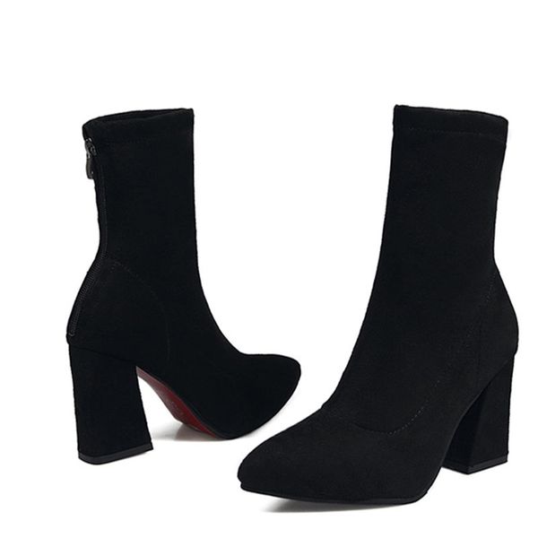 

woman shoes zip up square high heels party women boots winter quality, Black