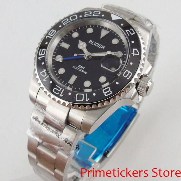 

wristwatches 40mm bliger black dial ceramic bezel gmt sapphire glass automatic mens watch, Slivery;brown