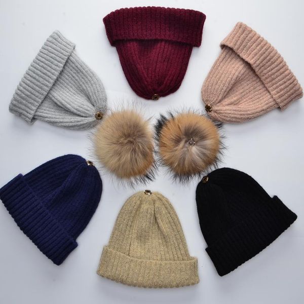

mother and baby 100% real raccoon fur hats knitted wool with gunuine fur pompom kids beanies hat winter cap for children adult, Blue;gray