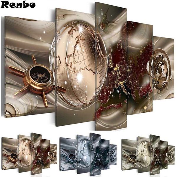 

5d embroidery 5 pcs globe compass abstract world map 3d picture mosaic diamond painting rhinestone cross stitch