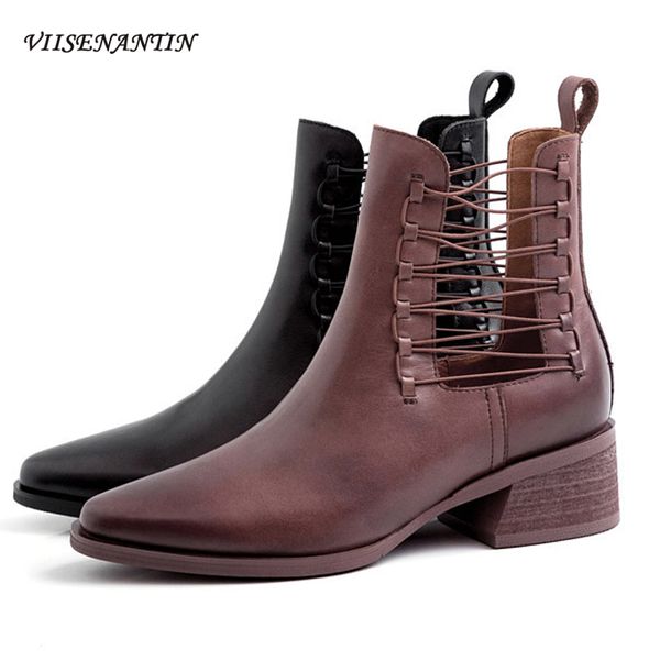 

осень ретро урожай браун британский стиль полые толстый каблук кожа короткие сапоги мотоцикл narrow band нескользкую на zapatos de mujer, Black