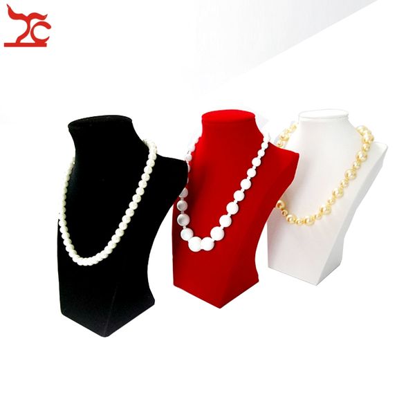 

wood jewelry display chest white faux leather black red velvet necklace chain jewelry display stand holder 22cm, Pink;blue