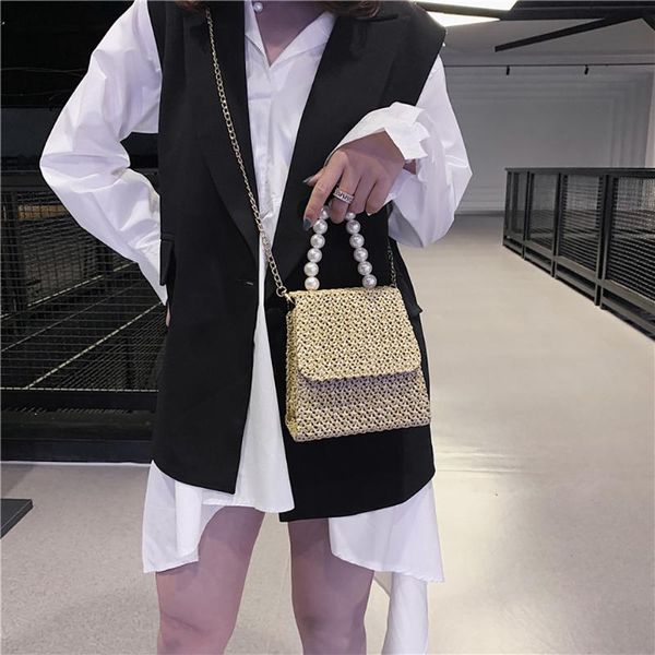 

pearl straps hand bags women's wild messenger bag fashion shoulder bags small square bag geometric square straw summer handbags