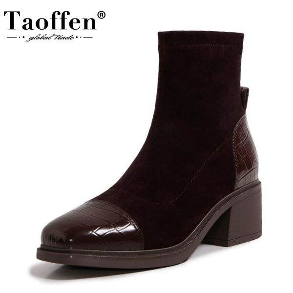 

taoffen women ankle boots thick heel slip on shoes square toe winter warm boots women fashion daily footwear size 35-39, Black