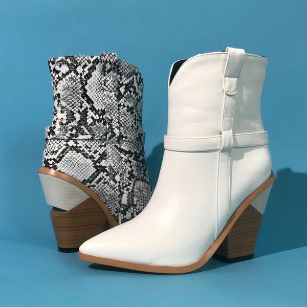 

white black brown women ankle boots autumn winter western cowboy boots for women snake print high heeled wedge 2020 new