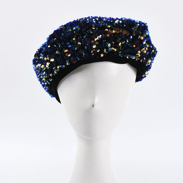 

berets fashion beret women glitter sequins dance cap girls personality elegant nightclub hat, Blue;gray