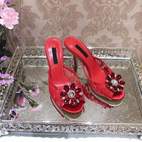 

luxuty brand open toe sandals ladies high heels lace rhinestones half slippers 2020 summer new fashion womens designer shoes, Black