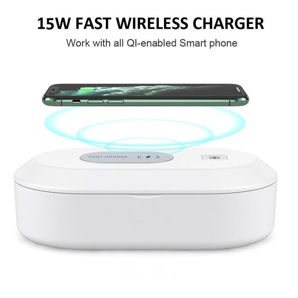 

multifuction smart phone wireless charger uv sterilizer box dual disinfection lamps 15w qi quick charging for cell phone a