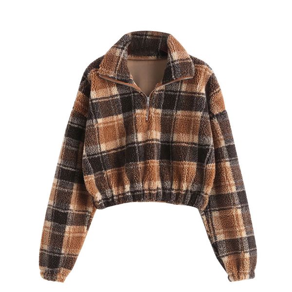 

women plush sweatshirt long sleeve plaid crop faux hoodies turtleneck zipper oversize hoody coat autumn clothes moletom, Black