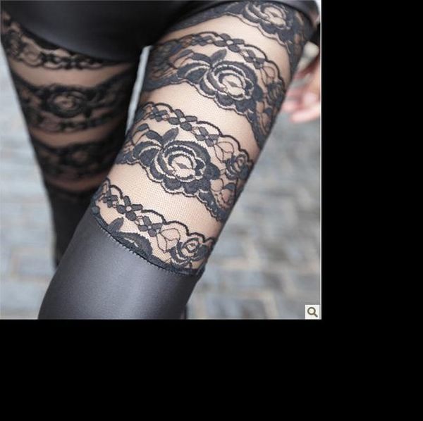 

fashion lace legging slim pencil pant lady floral leather leggings lady floral patchwork legging women autumn spring pants, Black