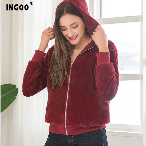 

women's fur & faux ingoo 7color autumn winter coat women with hat pocket zipper long sleeve loose casual female jacket, Black