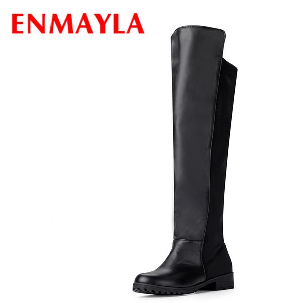 

boots enmayla winter slip-on flats thigh high women casual round toe shoes womens black pu flock knee knight