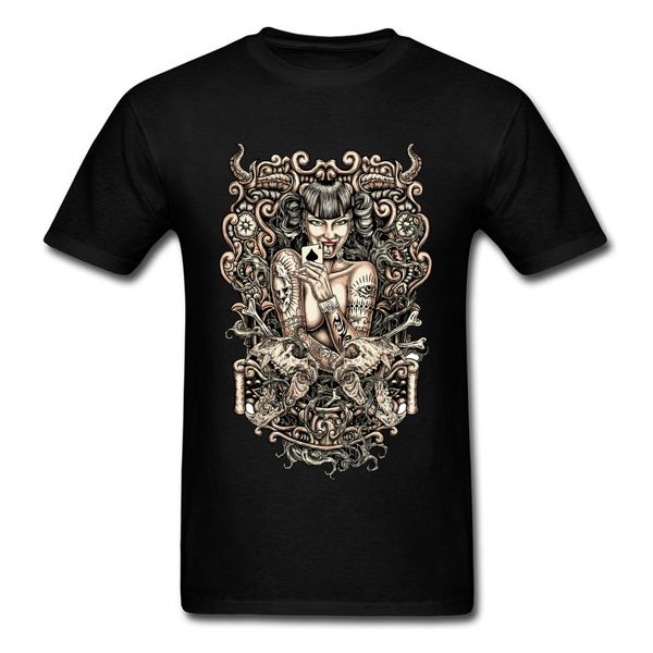 

tattooed evil girl throne t-shirt for men pin up epic gambler print tee shirt fashionable design t-shirts high quality