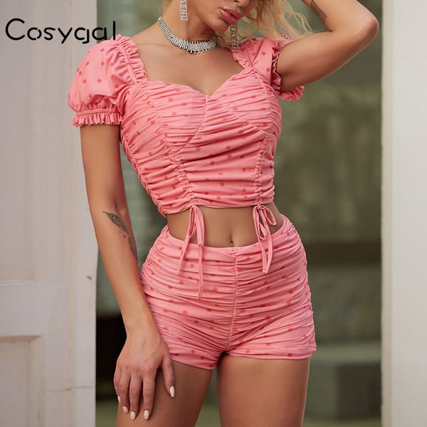 

cosygal mesh two piece set crop and shorts summer 2 piece set women tracksuit polka dot pleated female outfits 2020, Gray
