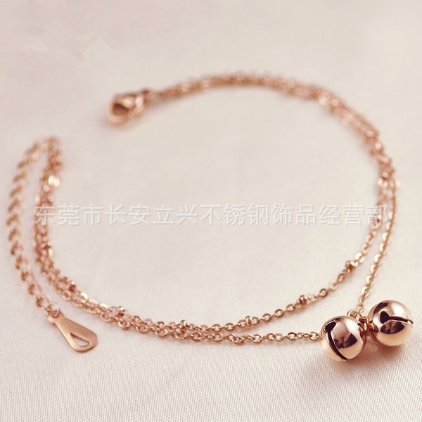 

f93BH Korean-style double-layer Bell titanium steel plated 18K rose gold color gold anklet women's fashionable stainless Foot chain Pearl Je