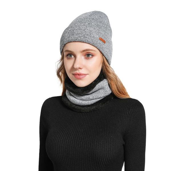 

women wool hat set hedging cap with bib keep warm acrylic soft solid color skullies for female outdoor travel autumn and winter, Blue;gray