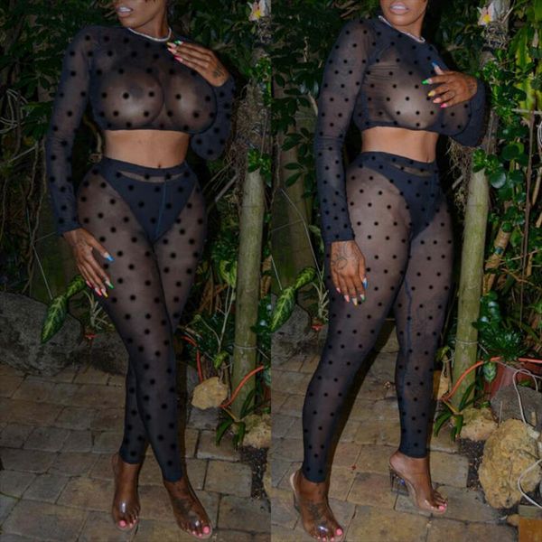 

women 2pcs sets bodycon see through long sleeve polka dot crop and high waist pants sets party, Gray