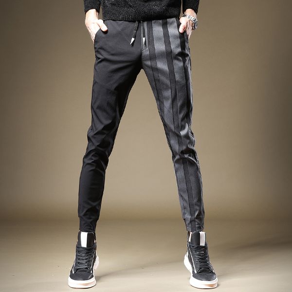 

new men's male black fashion splicing high-end casual pants slim-fitting pants autumn korean handsome trousers, Blue
