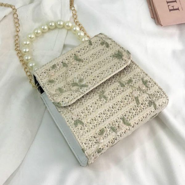 

crossbody сумки для женщин 2020 летний соломы сплетенный мешок способа перлы faux ручки цепи messenger плеча мешок мини-сумки