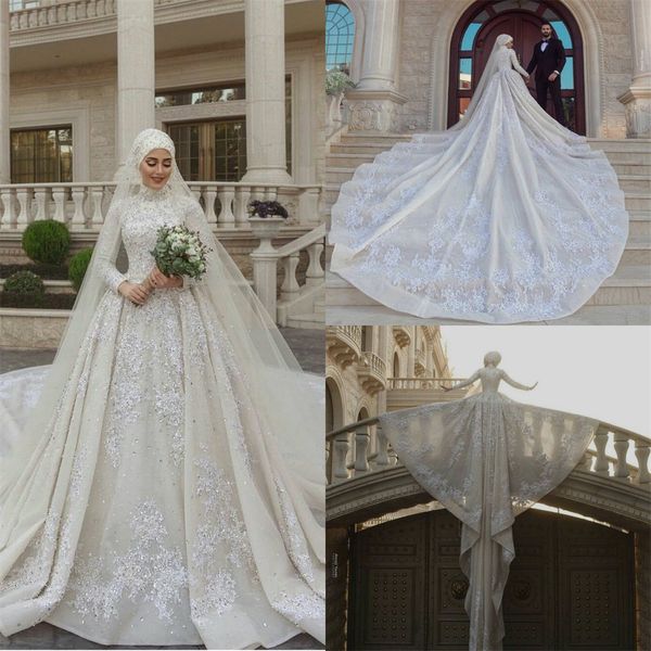 Элегантный 2021 мусульманская страна свадебные платья с длинным рукавом высоким горлом кружева аппликация бисер церковь Свадебные платья Мантия де mariée