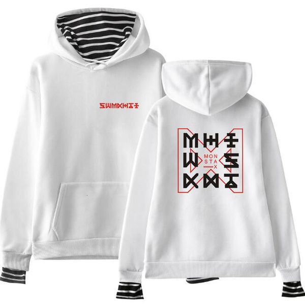 

kpop monsta x oversized hoodie women men striped patchwork fake two pieces sweatshirt female harajuku hip hop pullover clothes, Black