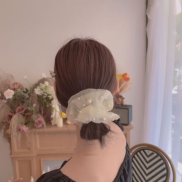 

aomu 2020 korea retro lace pearl solid color hair ring temperament pearl yarn headbands for women girl lady fabric, Golden;silver