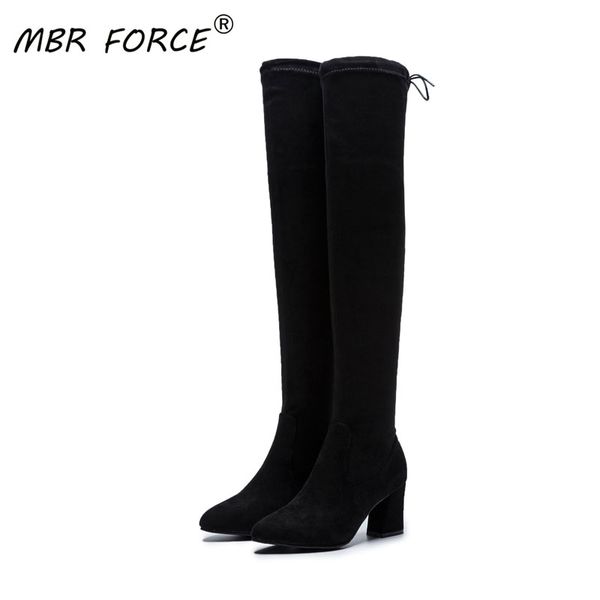 

mbr force fashion women stretch fabric boots over the knee pointed toe quality long comfort botines mujer thigh high boots, Black