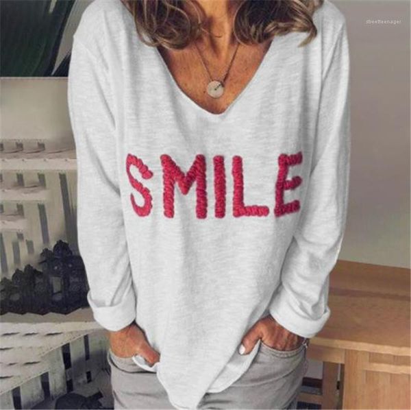

designer tshirts fashion casual letter embroidery v neck long sleeve new arrival womens clothing plus size womens, White