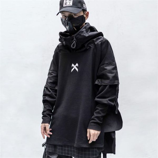 

men's trench coats 2021 japanese streetwear hoodie hip hop embroidered pullover patchwork fake two dark techwear, Tan;black