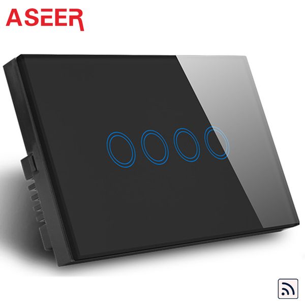 

smart home control aseer 4 gang 1 way switch ac110-240v black crystal tempered glass wireless switch,rf 433mhz saa,ce, no remote