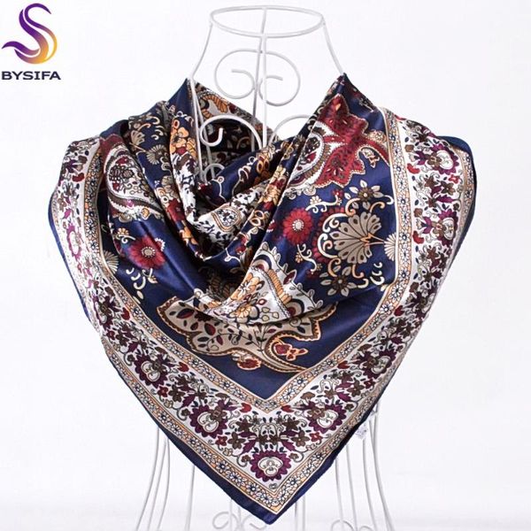 

scarves [bysifa] winter navy blue silk muffler imitated 2021 design paisley wraps 90*90cm ladies brand satin scarf cape, Blue;gray